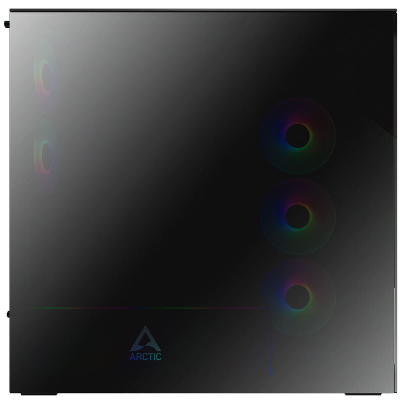 Detalj av ARCTIC Xtender Mirror kabinett med speilglass og RGB-vifter