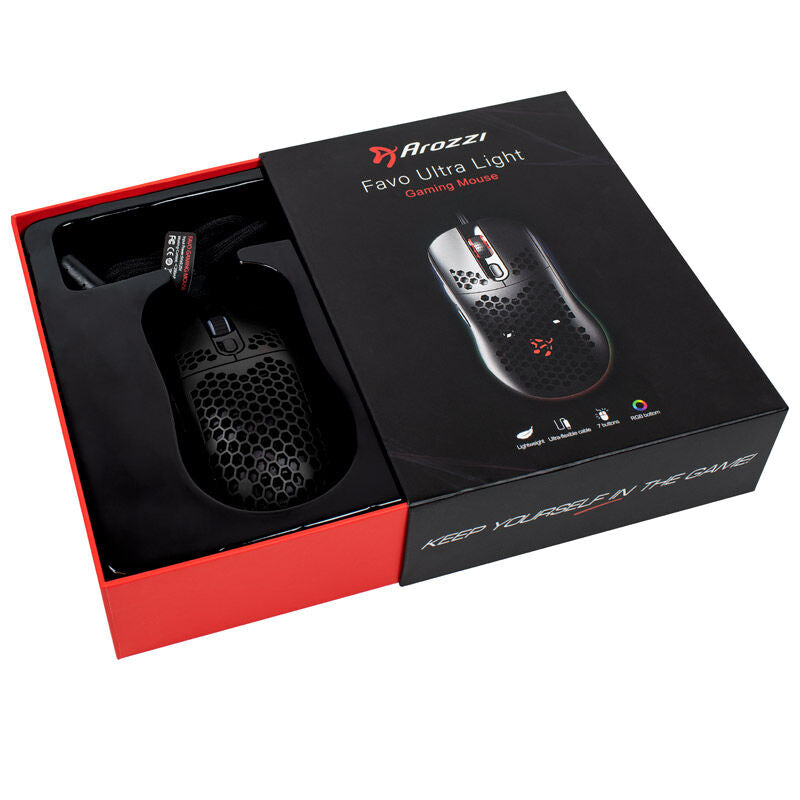 Arozzi Favo Ultra Light gamingmus kablet 16000 DPI RGB svart med kabel