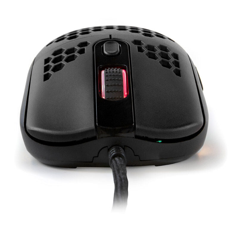 Nærbilde av RGB-belysning på Arozzi Favo Ultra Light gamingmus kablet 16000 DPI RGB svart