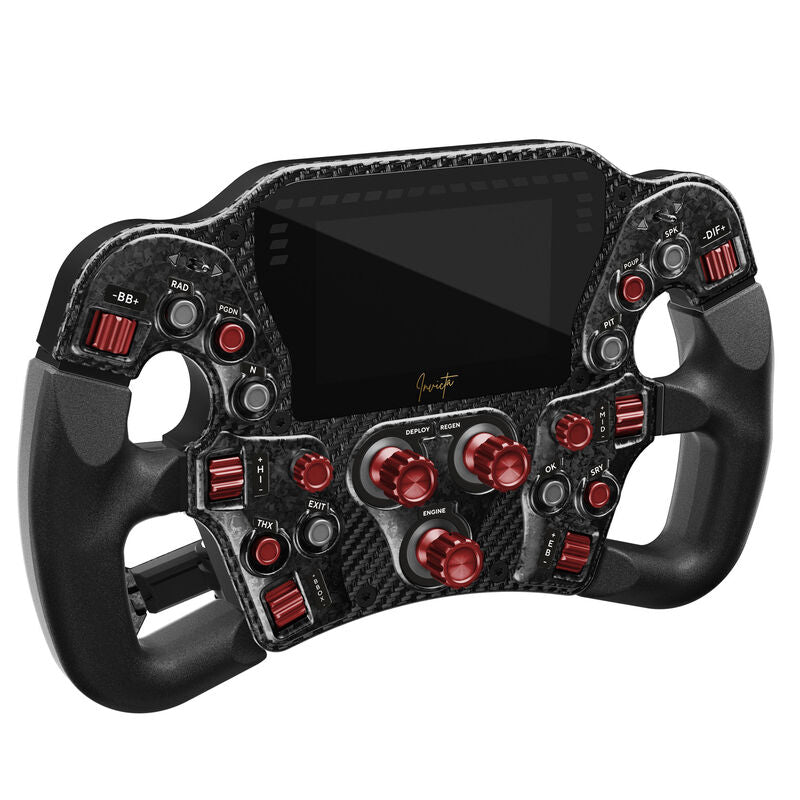 Asetek SimSports Invicta Formula simracingratt forfra med LCD-display og røde detaljer