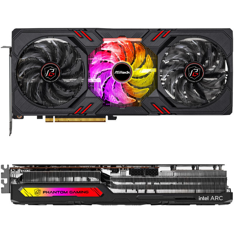Detalj av ASRock Arc A770 Phantom Gaming D RGB-belysning
