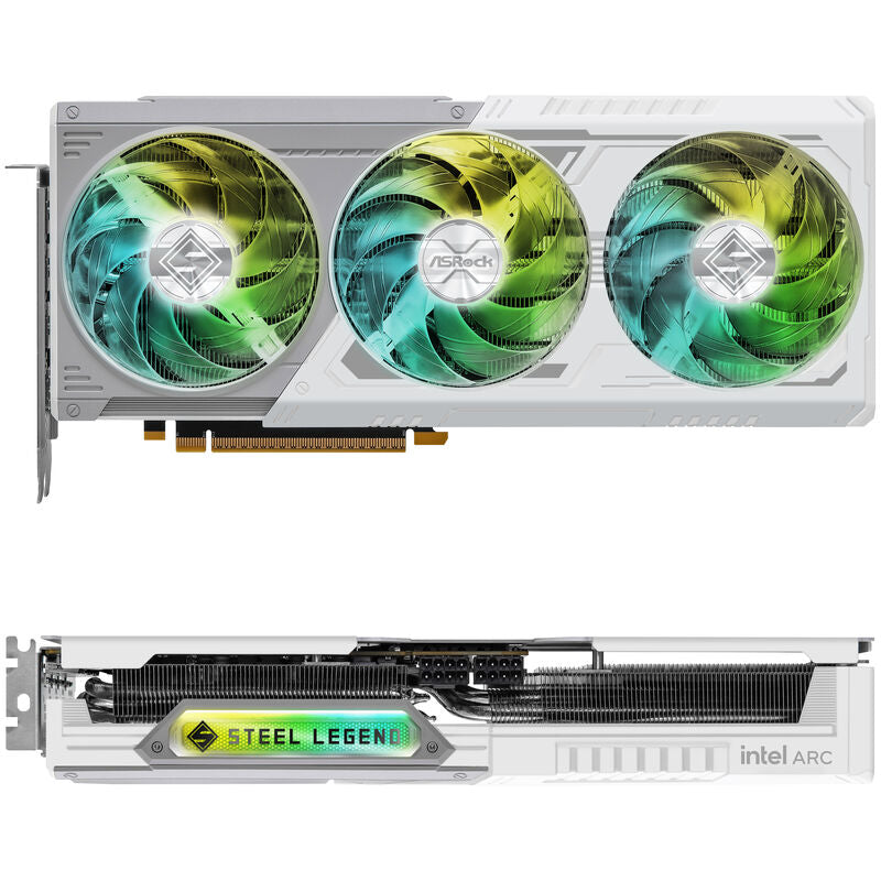 Detalj av kjølesystem på ASRock Arc B580 Steel Legend OC grafikkort