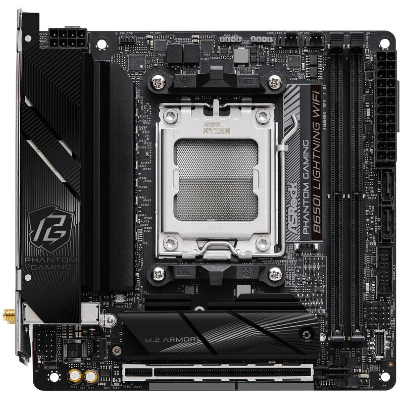 Detalj av ASRock B650I Lightning WiFi hovedkort M.2-porter