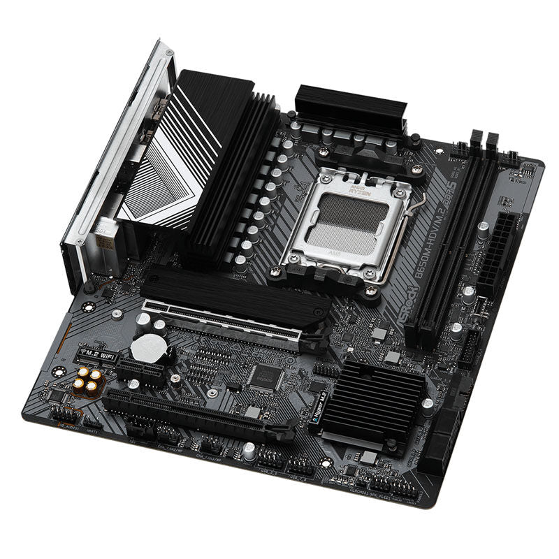 Nærbilde av ASRock B650M-HDV M.2 hovedkort med RAM