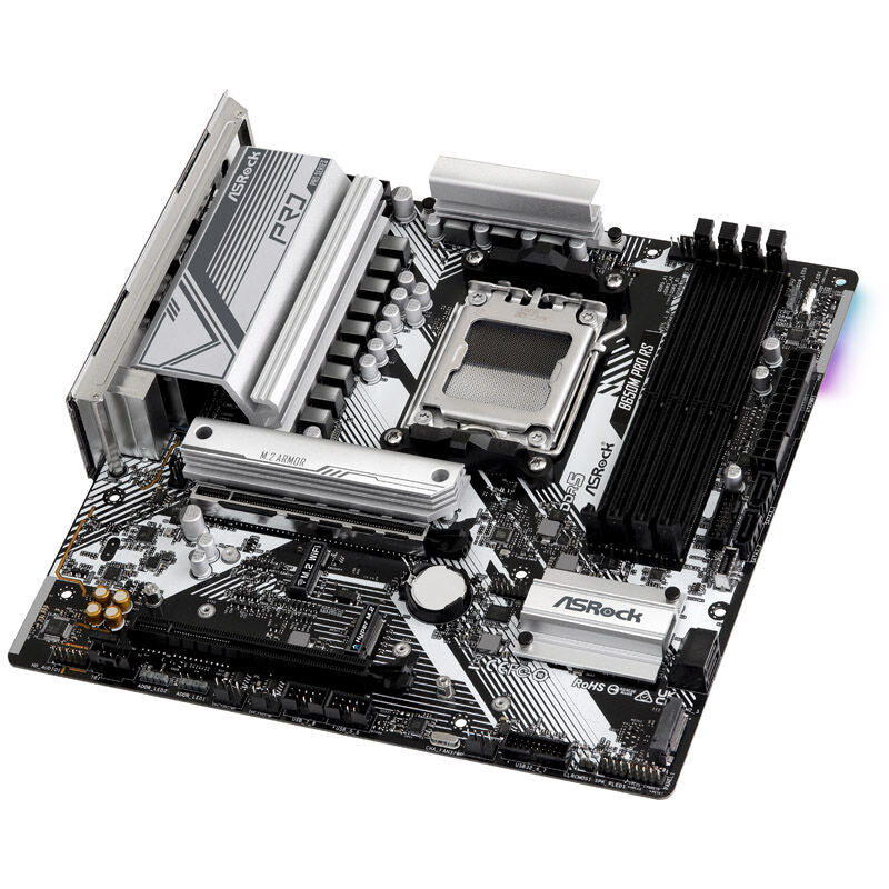 Nærbilde av RGB-belysning på ASRock B650M Pro RS hovedkort