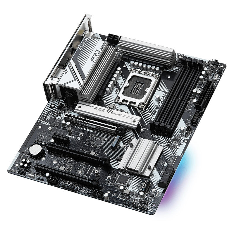 Nærbilde av tilkoblinger på ASRock B760 Pro RS hovedkort ATX DDR5 LGA 1700
