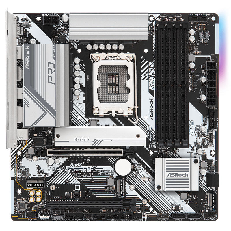 Detalj av ASRock B760M Pro RS hovedkort Micro-ATX DDR5 kontaktporter