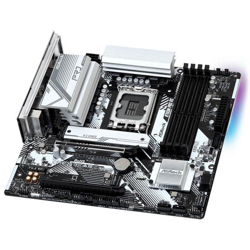 Nærbilde av ASRock B760M Pro RS hovedkort Micro-ATX DDR5 RGB-belysning