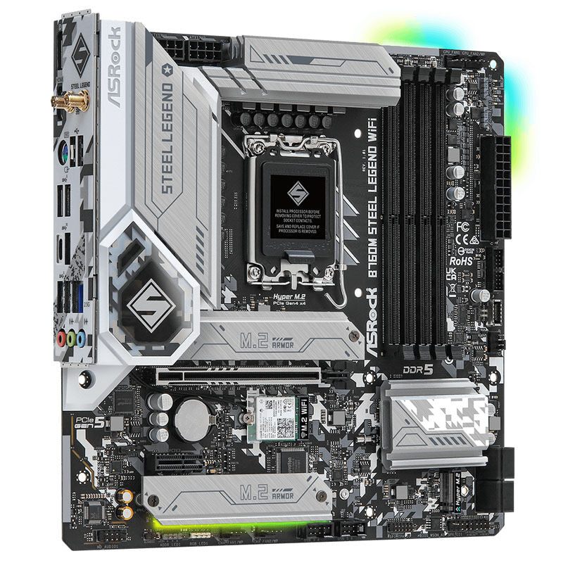 Bakside av ASRock B760M Steel Legend WiFi hovedkort