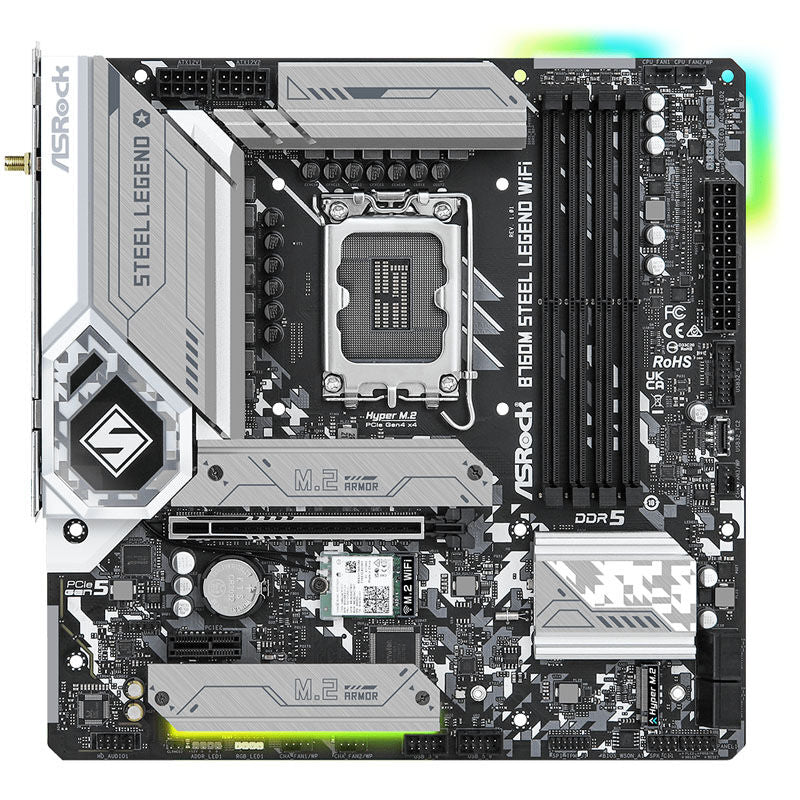 Detalj av ASRock B760M Steel Legend WiFi hovedkort PCIe-porter