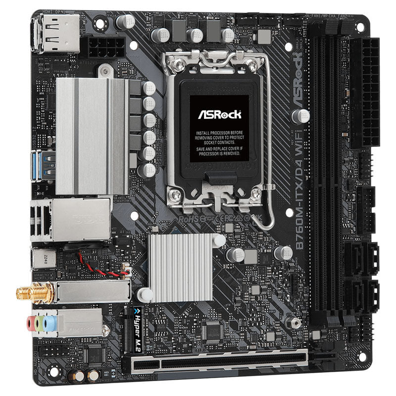 Baksiden av ASRock B760M-ITX/D4 WiFi hovedkort