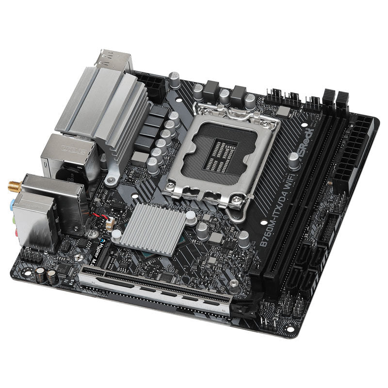 Nærbilde av ASRock B760M-ITX/D4 WiFi hovedkort tilkoblinger