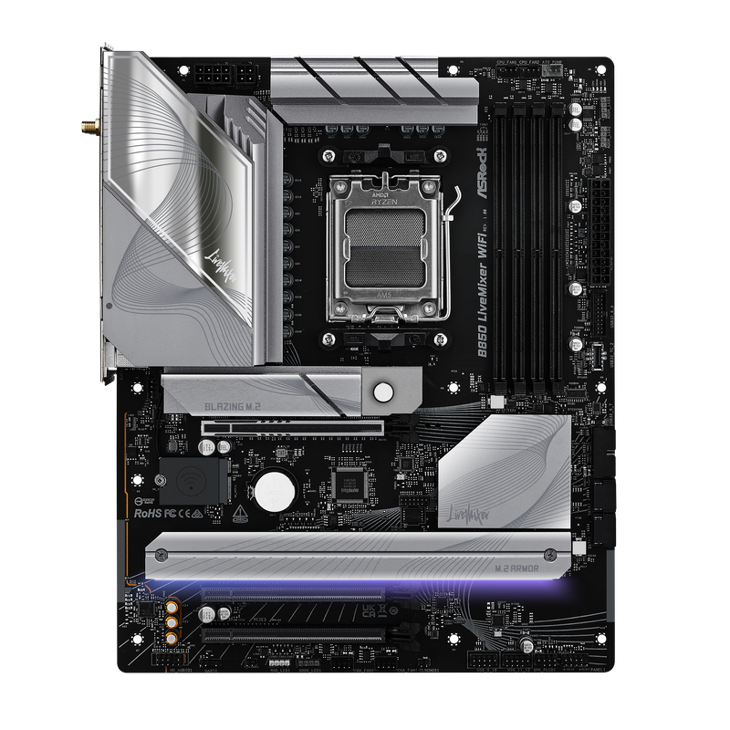 Montert ASRock B850 LiveMixer WiFi hovedkort i PC-kabinett