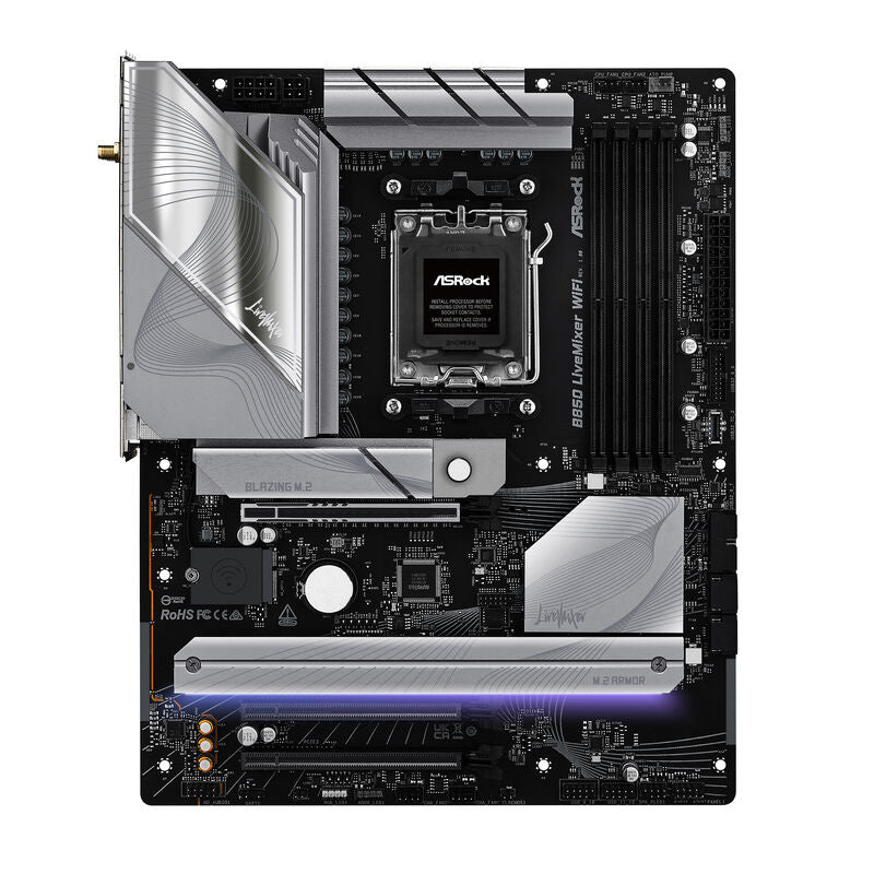 Nærbilde av ASRock B850 LiveMixer WiFi hovedkort RAM-spor