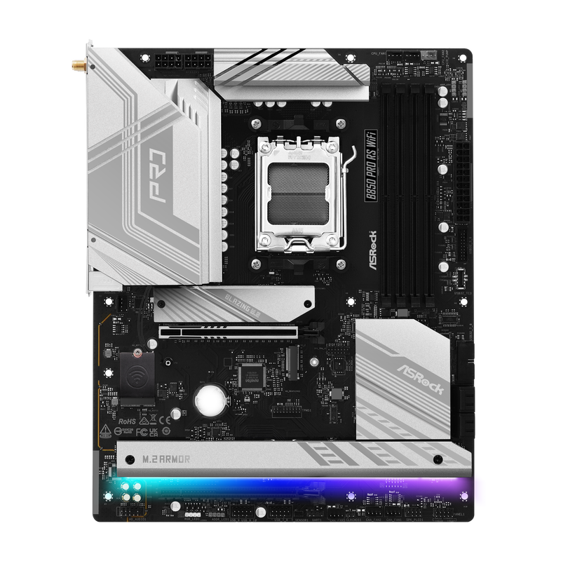 Detalj av ASRock B850 Pro RS WiFi hovedkortets PCIe-slots