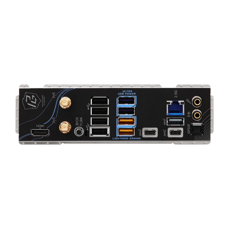 ASRock B850 Riptide WiFi hovedkort nærbilde av tilkoblinger