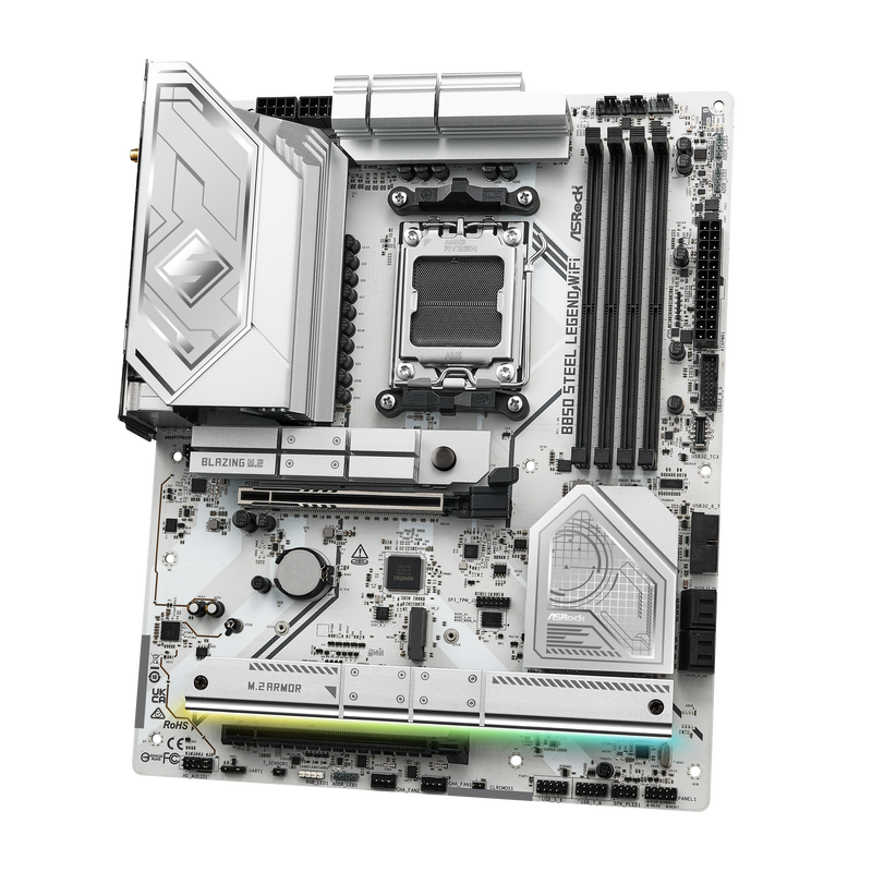 Detaljbilde av ASRock B850 Steel Legend WiFi hovedkortets PCIe-porter