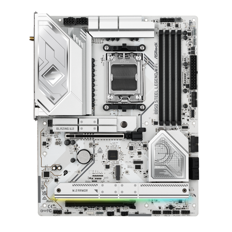 Nærbilde av ASRock B850 Steel Legend WiFi hovedkortets RAM-plasser
