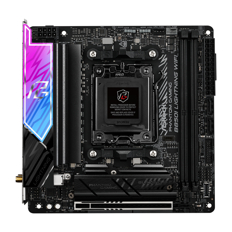Nærbilde av ASRock B850I Lightning WiFi hovedkortets RAM-spor