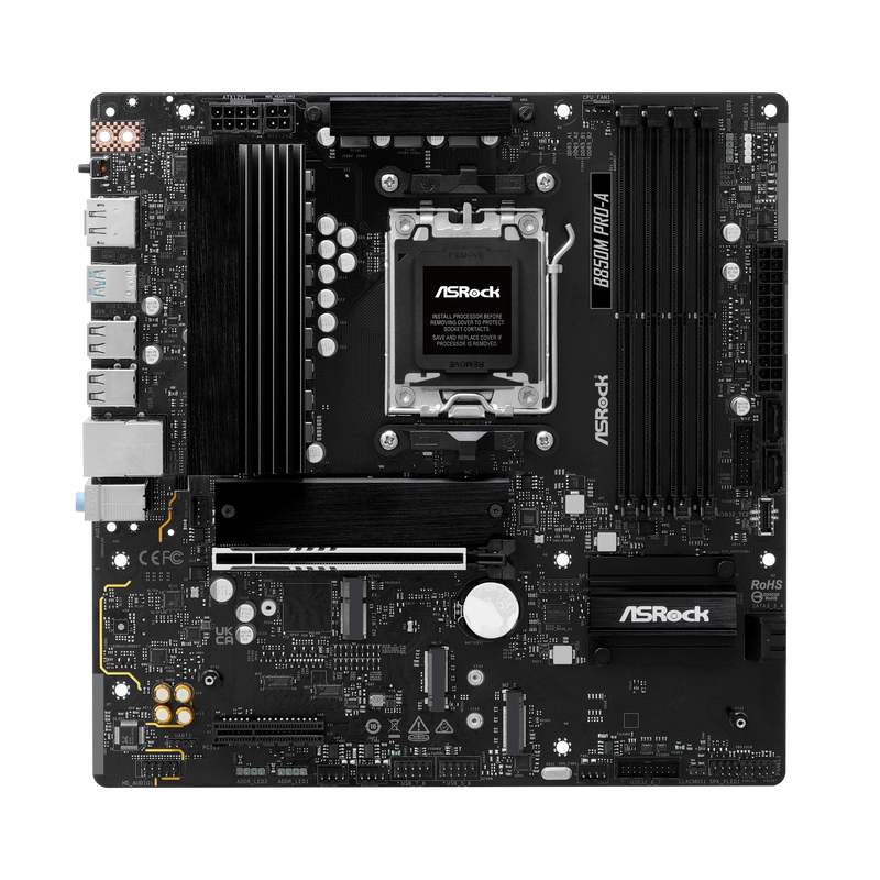 Oversikt over ASRock B850M Pro-A hovedkort med tilkoblinger