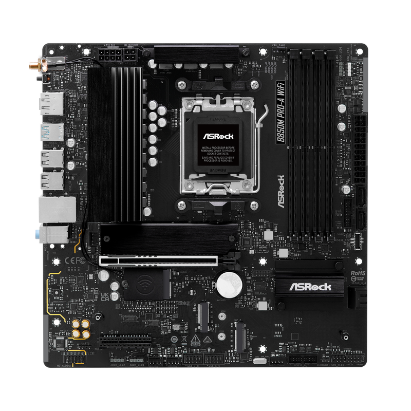 Nærbilde av ASRock B850M Pro-A WiFi hovedkortets CPU-sokkel