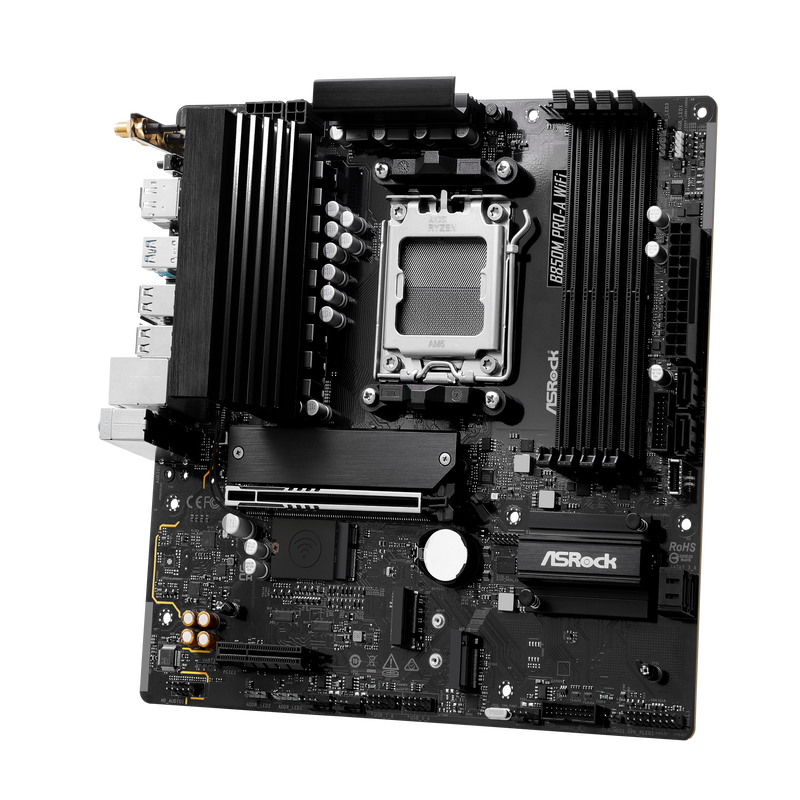 Detalj av ASRock B850M Pro-A WiFi hovedkortets M.2-porter