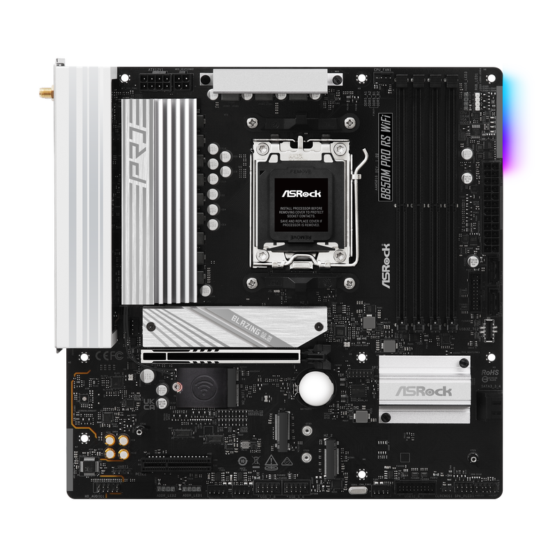 Nærbilde av tilkoblinger på ASRock B850M Pro RS WiFi