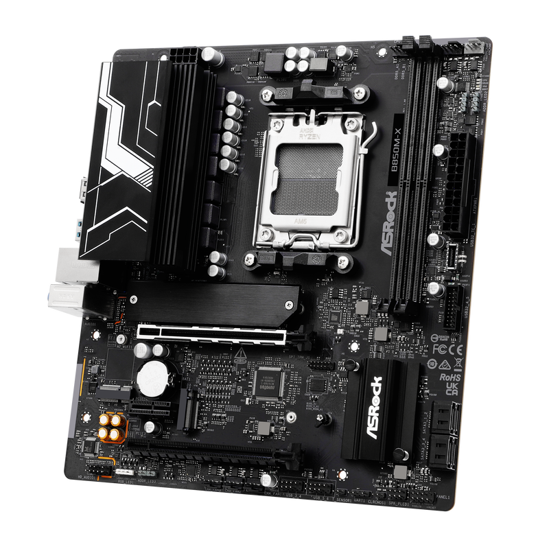 Detalj av ASRock B850M-X hovedkort AM5 Micro-ATX DDR5