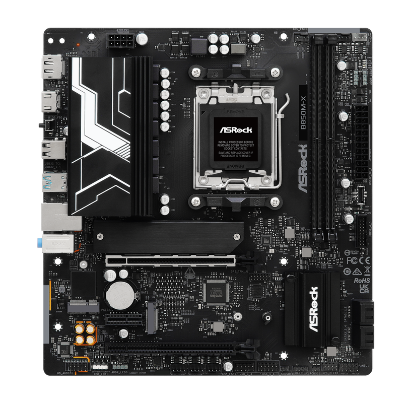 Nærbilde av PCIe-spor på ASRock B850M-X hovedkort AM5 Micro-ATX DDR5