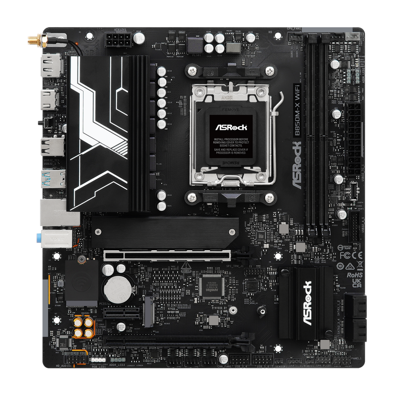 Montert ASRock B850M-X WiFi hovedkort i PC-kabinett
