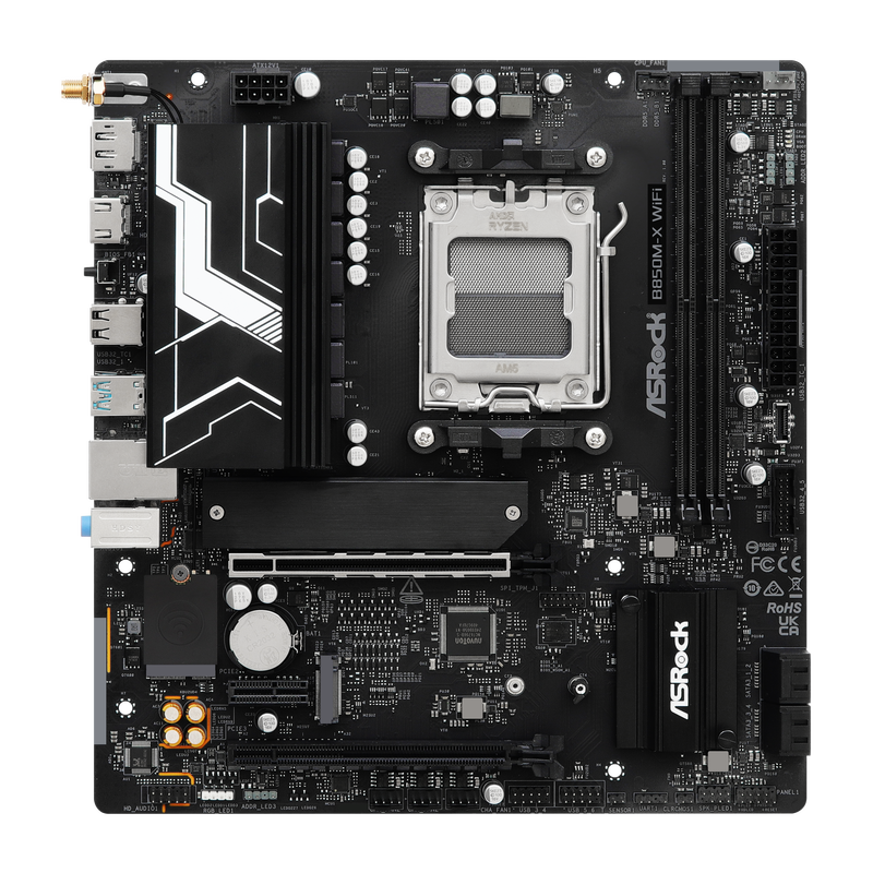 Nærbilde av ASRock B850M-X WiFi hovedkort PCIe-porter