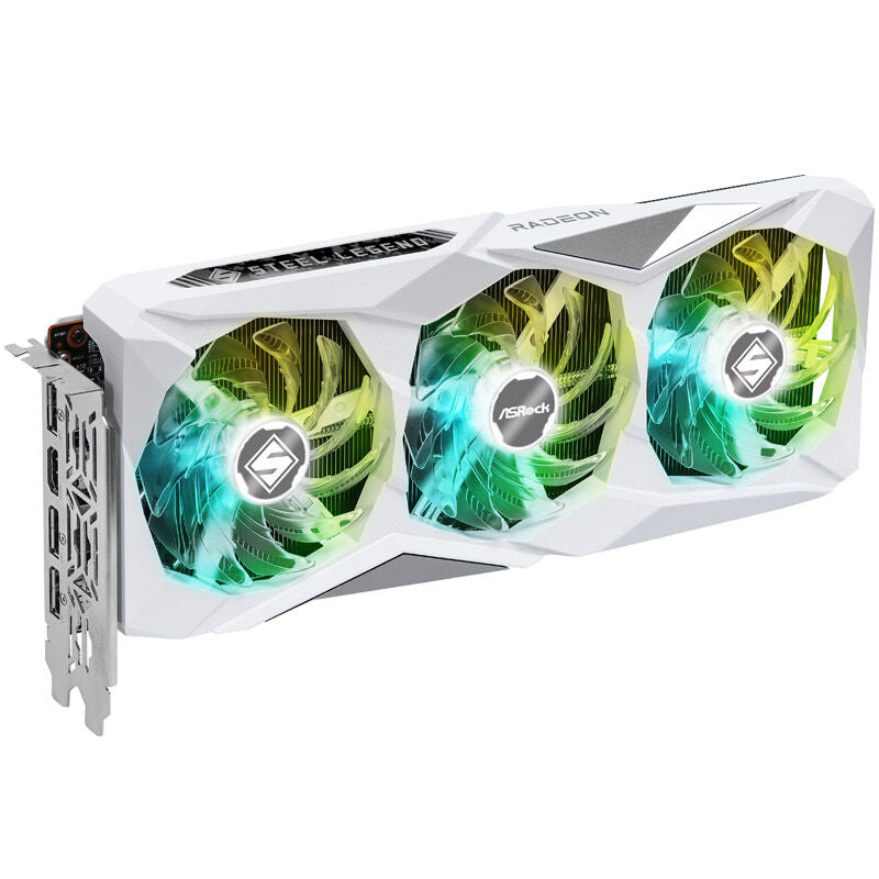 Nærbilde av ASRock Radeon RX 7600 Steel Legend 8GO RGB-belysning
