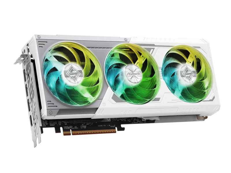 Nærbilde av ASRock Radeon RX 9070 XT Steel Legend kjølesystem