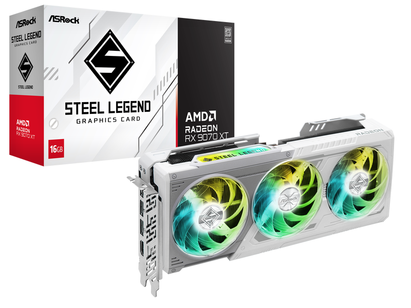 ASRock Radeon RX 9070 XT Steel Legend grafikkort forfra hvit