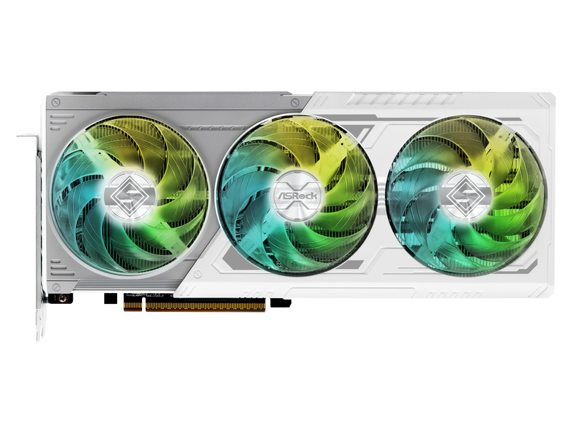 Detalj av ASRock Radeon RX 9070 XT Steel Legend RGB-belysning