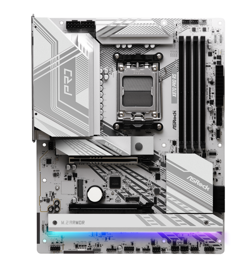 Nærbilde av ASRock X870 Pro RS hovedkort minneplasser