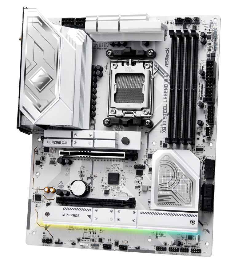Detalj av ASRock X870 Steel Legend WiFi hovedkort med M.2 spor