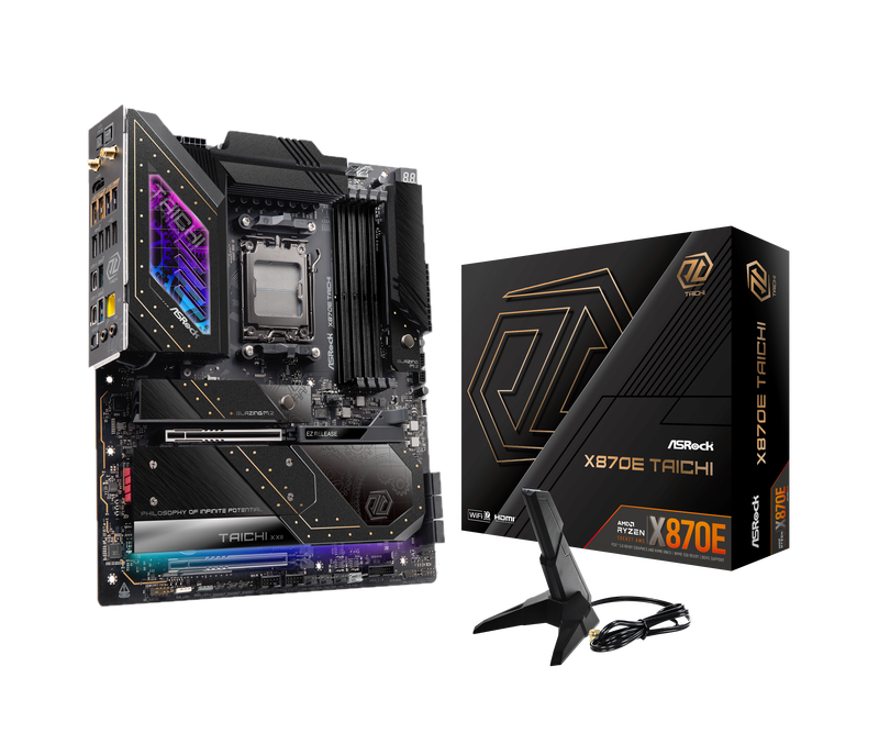 ASRock X870E Taichi hovedkort forfra med synlige komponenter