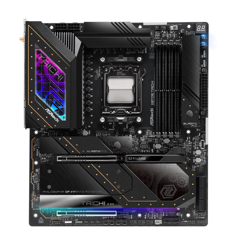 Detalj av PCIe 5.0 x16-spor på ASRock X870E Taichi hovedkort