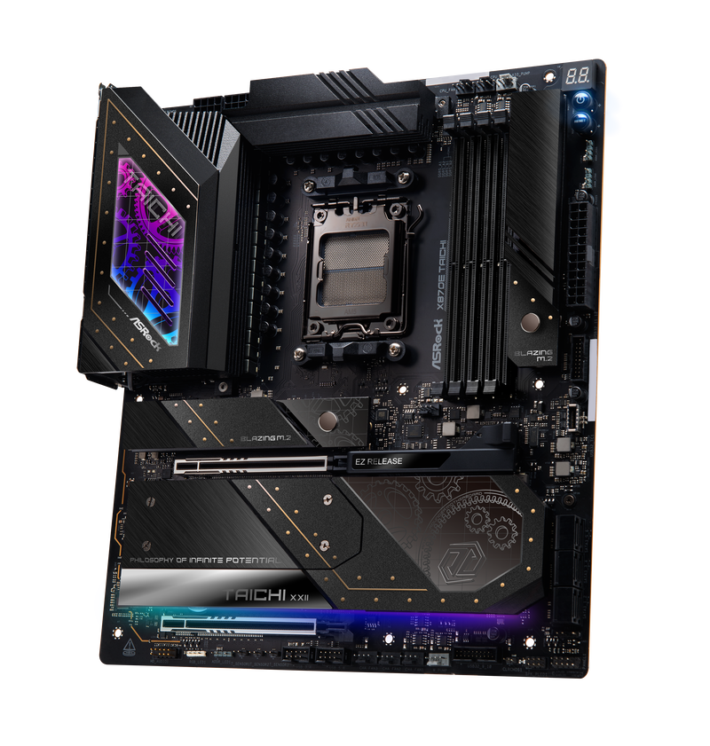 Nærbilde av RAM-sporene på ASRock X870E Taichi hovedkort
