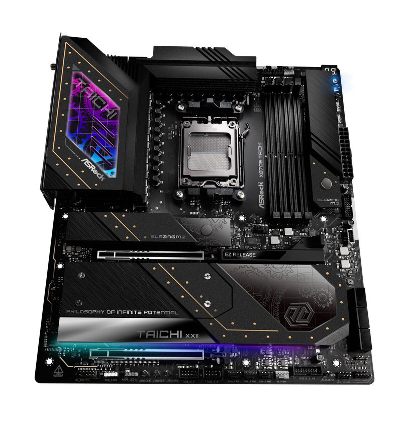 Nærbilde av USB-porter på ASRock X870E Taichi hovedkort
