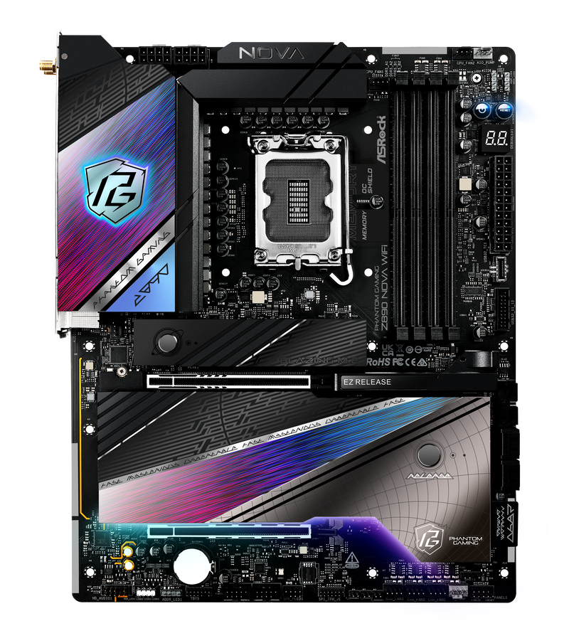 Detalj av ASRock Z890 Nova WiFi hovedkortets DIMM slots