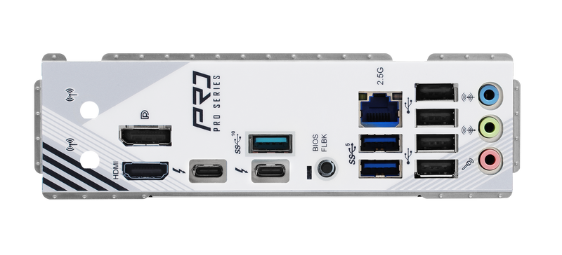 Sidevisning av ASRock Z890 Pro RS hovedkort med tilkoblinger