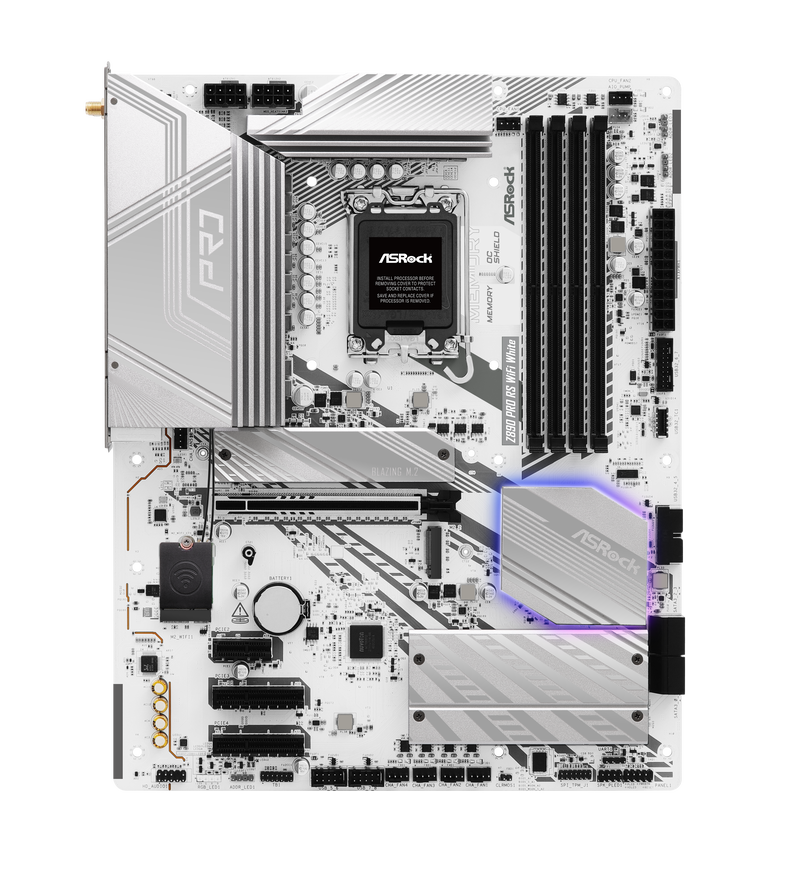 Nærbilde av ASRock Z890 Pro RS WiFi White hovedkort RAM-slots