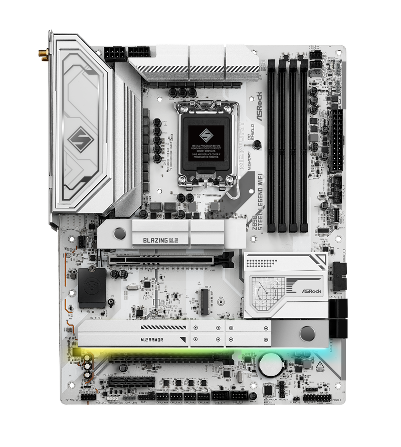 Nærbilde av tilkoblinger på ASRock Z890 Steel Legend WiFi hovedkort