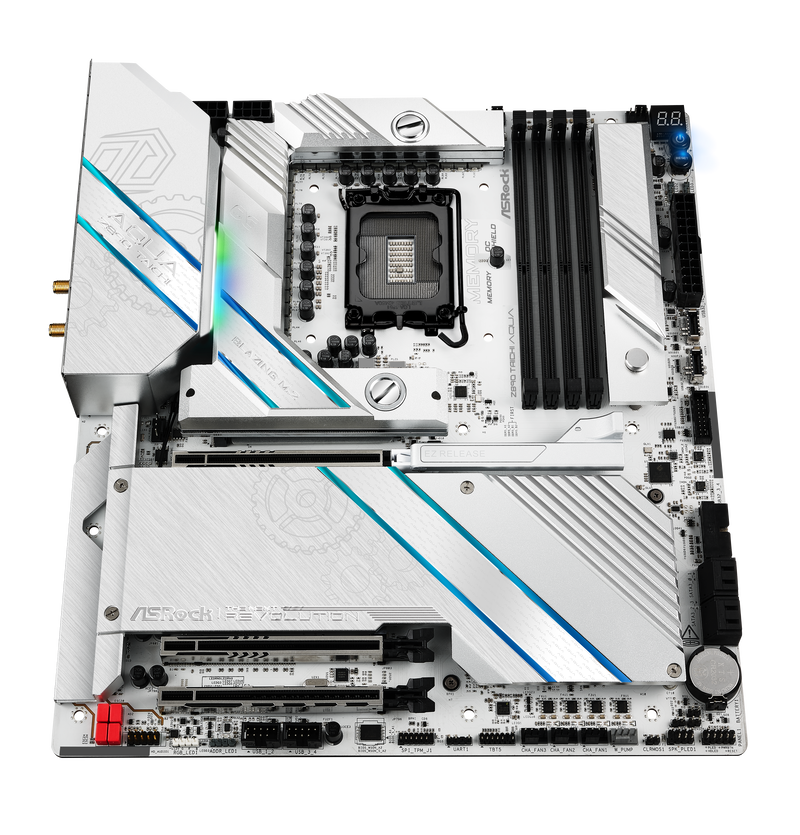 Nærbilde av tilkoblinger på ASRock Z890 Taichi AQUA