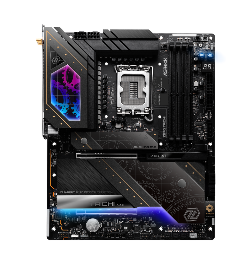 Nærbilde av ASRock Z890 Taichi hovedkortets tilkoblinger