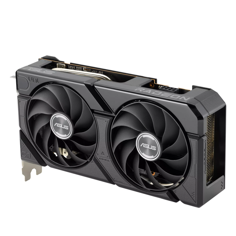 Detalj av ASUS Dual Radeon RX 7600 EVO OC grafikkort kjøleløsning