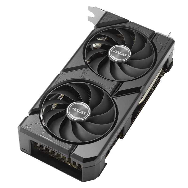 Nærbilde av ASUS Dual Radeon RX 7600 EVO OC grafikkort vifte