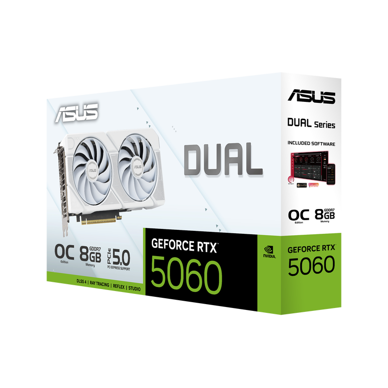 Baksiden av ASUS Dual RTX 5060 White OC grafikkort